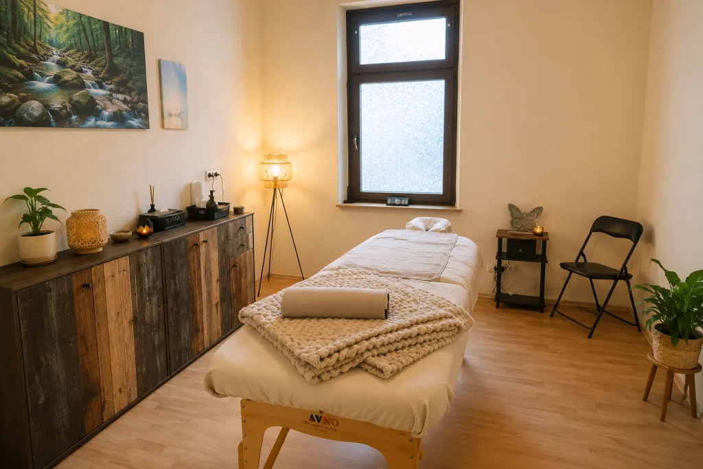 Ruhiger Behandlungsraum mit Massageliege für Massage in Chemnitz – ganzheitliche Begleitung in Chemnitz