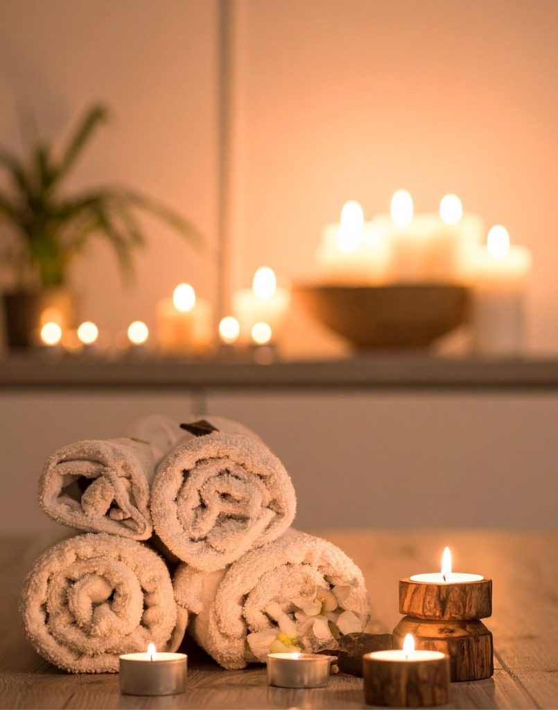 Gerollte Handtücher und brennende Kerzen in entspannter Atmosphäre für eine Massage in Chemnitz